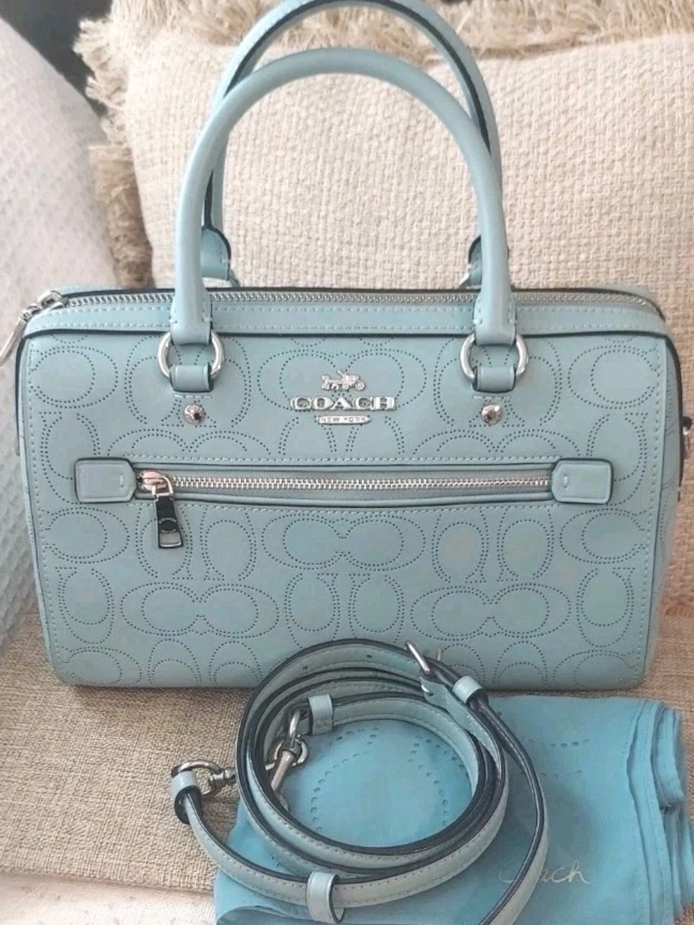 Coach Rowan Sky Blue Perforated Leather Bag with Scarf Accent - Picture 7 of 16